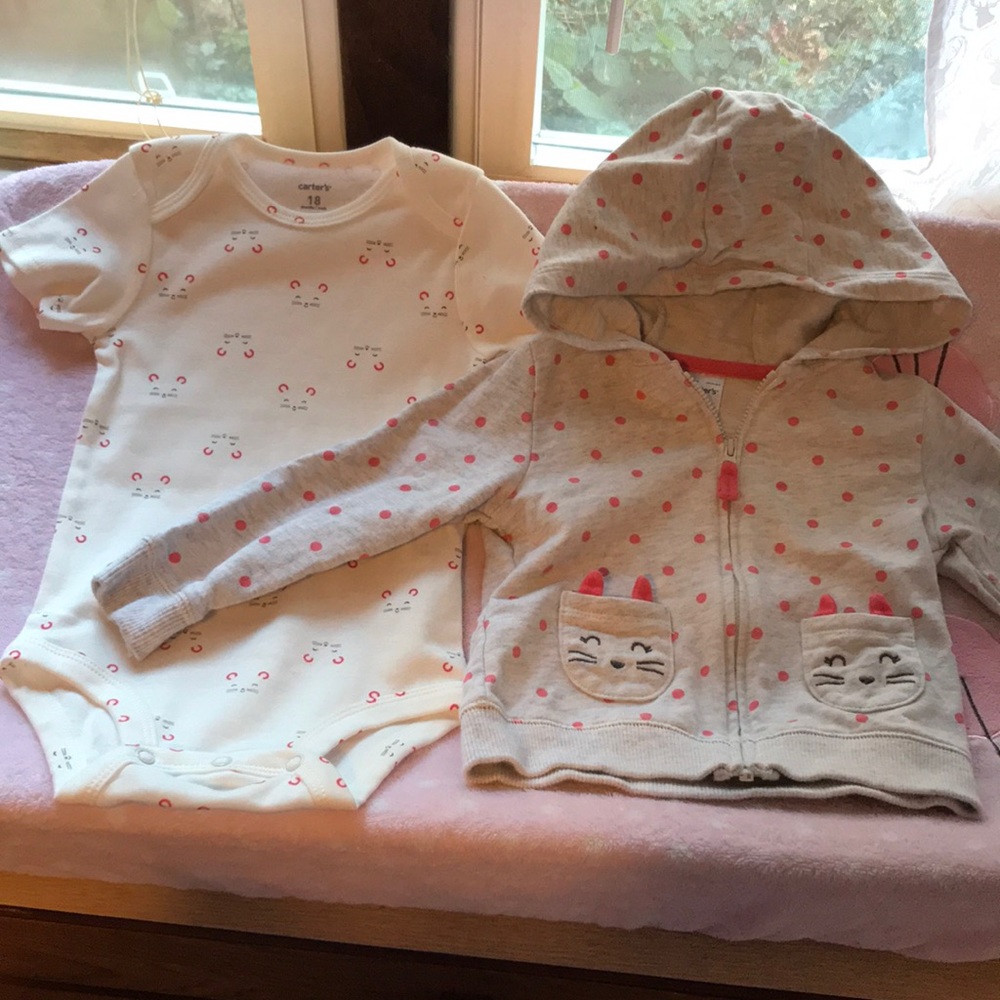 Two winter zip up hoodies and matching onesie